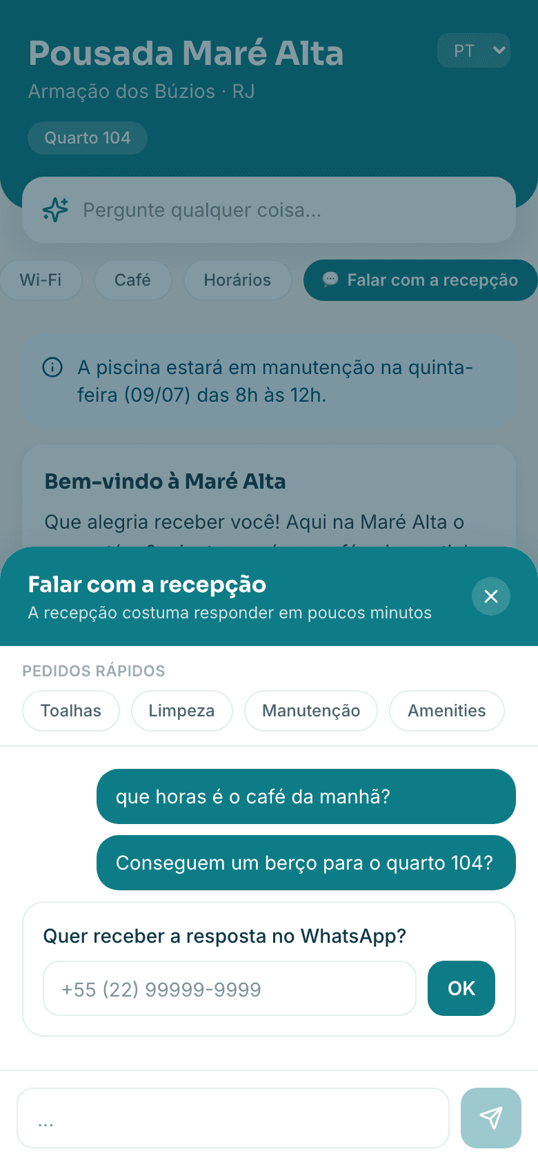 Hóspede perguntando no chat do guia e recebendo resposta na hora