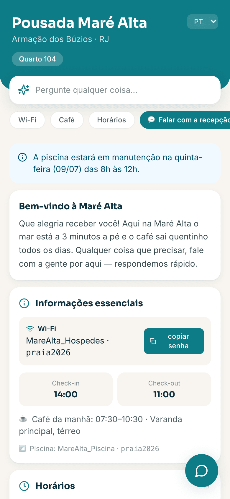 Página do hóspede da Pousada Maré Alta com Wi-Fi, horários e concierge