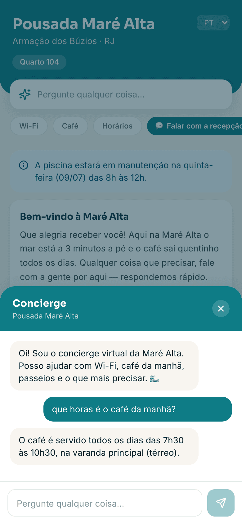 Concierge IA respondendo a senha do Wi-Fi no chat do hóspede